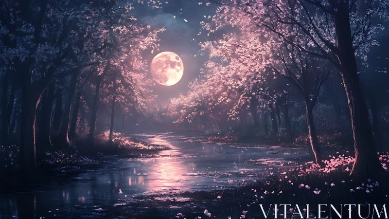 Moonlit cherry river glows under ethereal pink blossoms.