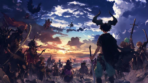 Panoramic demonic warfront at dusk with opposing fantasy armies.