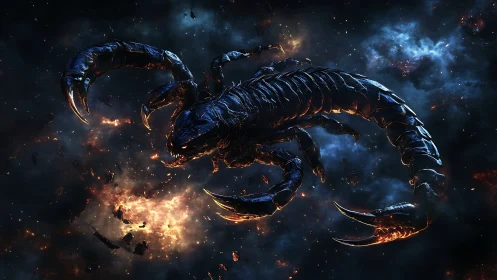Cosmic armored scorpion drifting through fiery nebulae.