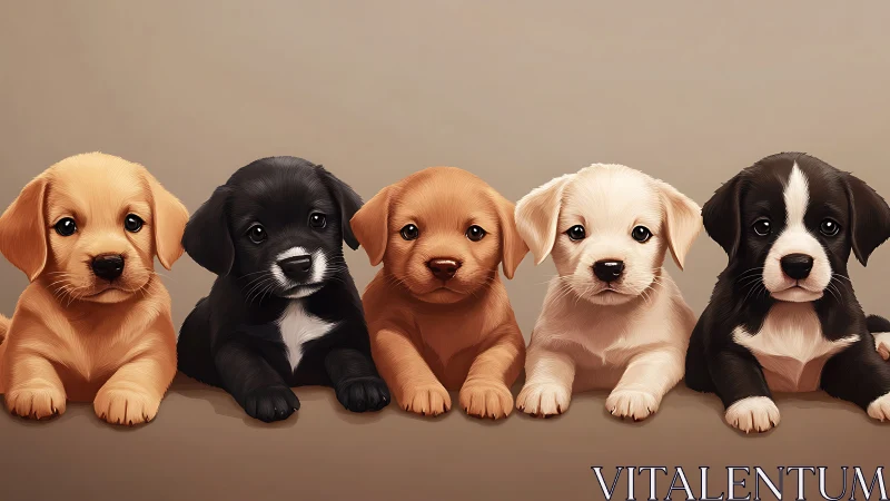 Row of adorable puppies gazes forward in soft warm light