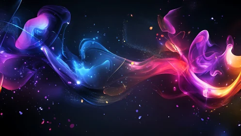 Colorful fluid light trails curve across dark abstract space