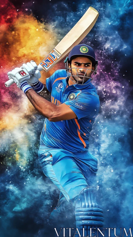 Cricket batter in blue uniform swings bat amid vivid nebula