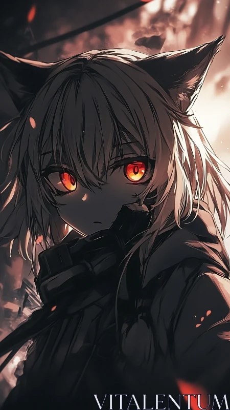 Ember-eyed cat warrior watching the ruins quietly glow.