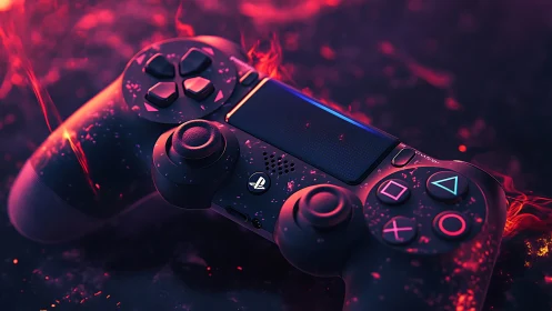 Gaming Controller Ignites in Fiery Red Light.
