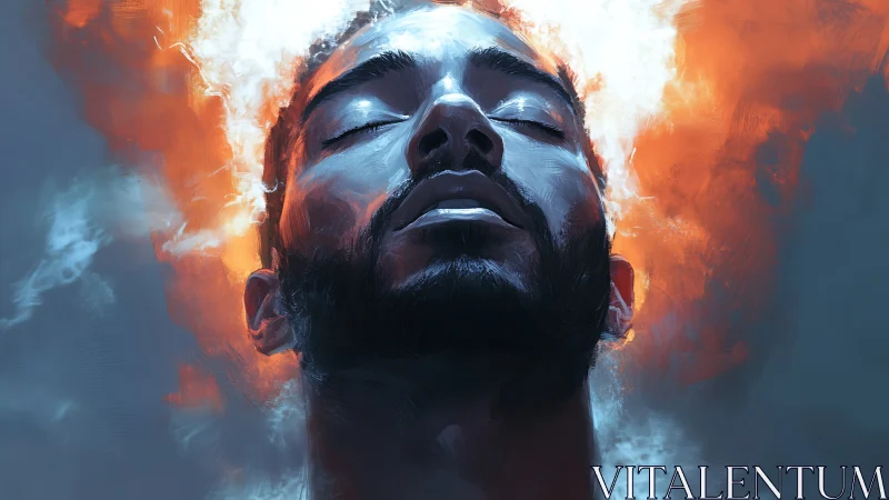 Intense digital portrait of man with fiery glowing aura.