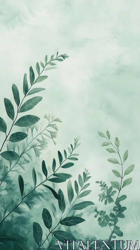Muted green foliage illustration on soft cloudy background.