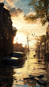Photorealistic flooded street at sunset with abandoned car scene.