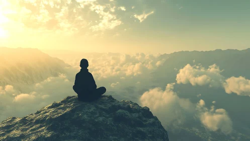 Silhouette meditates on sunlit summit above cloud sea.