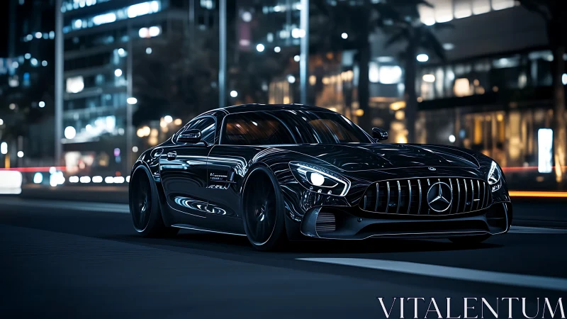 Black Mercedes sports coupe glides through neon city night streets