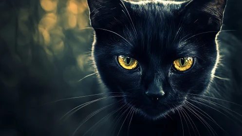 Black Cat with Golden Eyes in Dramatic Lighting.