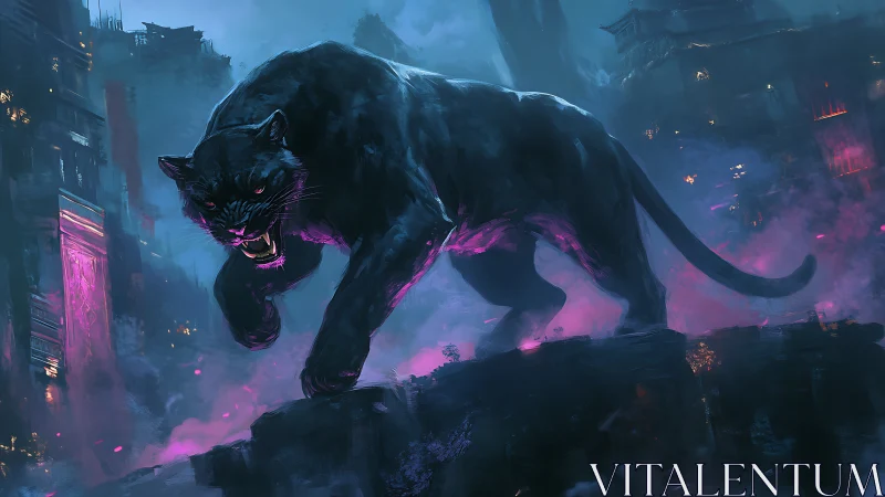 Neon Panther Stalking Through Cyberpunk Megacity Ruins.