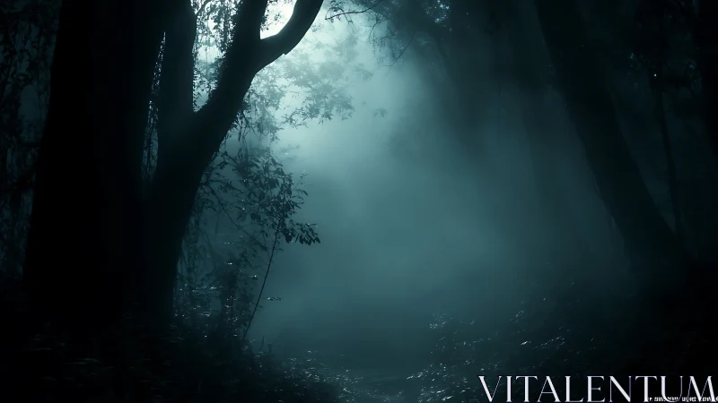 Foggy forest path dissolves into pale blue atmospheric haze