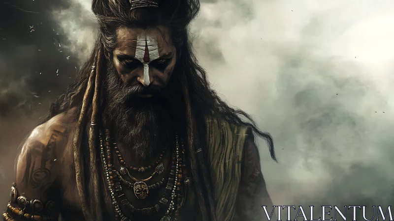 Bearded ascetic with dreadlocks stands before swirling smoke