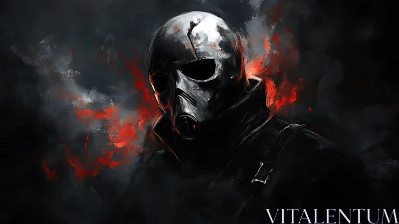 Masked warrior in scorched red-black atmospheric portrait.