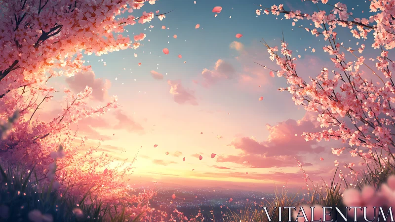 Gentle spring sunset framed by drifting cherry blossoms.