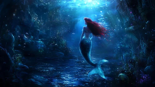 Solitary mermaid in dim blue underwater ruin environment.