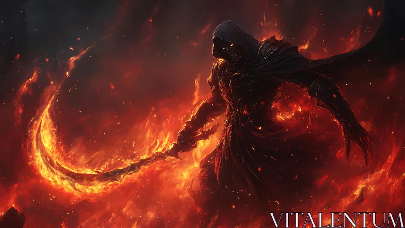 Hellfire wraith wielding incandescent scythe in eruption