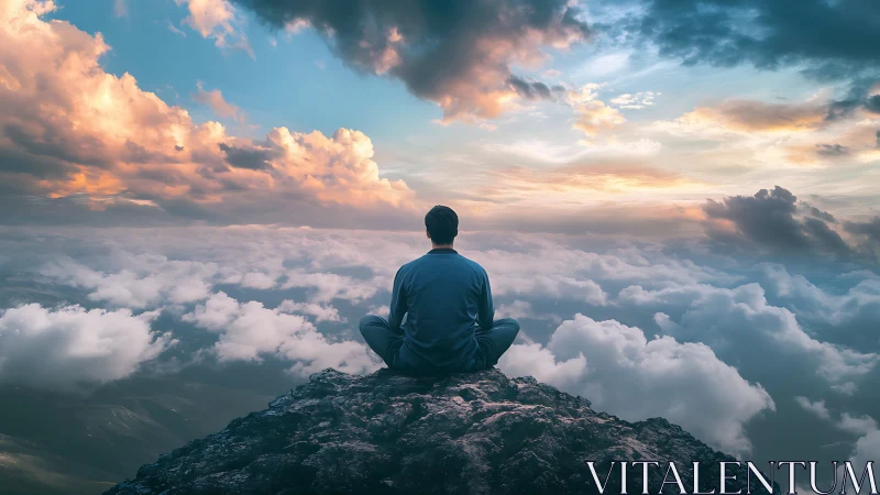 Man sits on rocky mountain peak above dense cloud layer