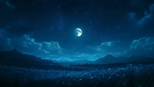 Digital nightscape with luminous full moon and layered sky composition.