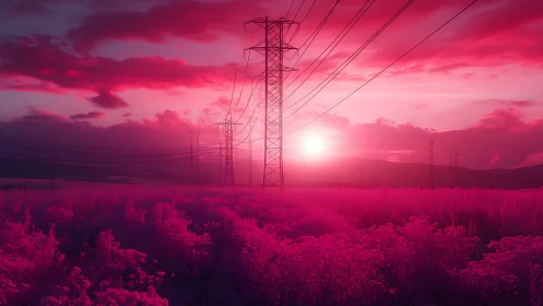 Power lines rise through neon pink fields at electric dusk