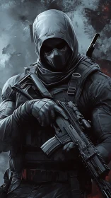 Tactical hooded operative with rifle in hyper-detailed digital art.
