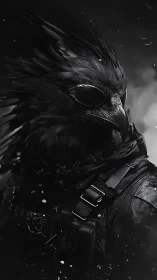 Midnight raven operative armored in stormlit shadows.