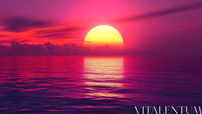 Vivid magenta seascape with low sun on distant horizon.