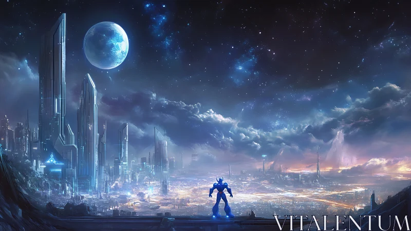 Lone armored hero quietly overlooks a glowing future city