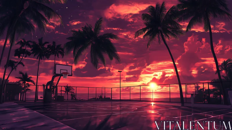 Neon sunset basketball court framed by silhouetted palm trees