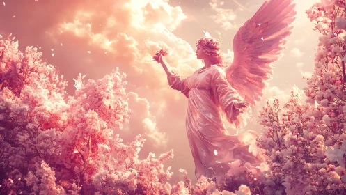 Celestial blossom angel drifts through coral clouds in spring