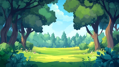 Enchanted Forest Clearing with Open Sky Above.