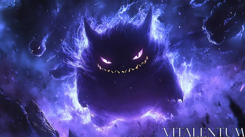 Ghostly shadow creature emerges in glowing violet storm.