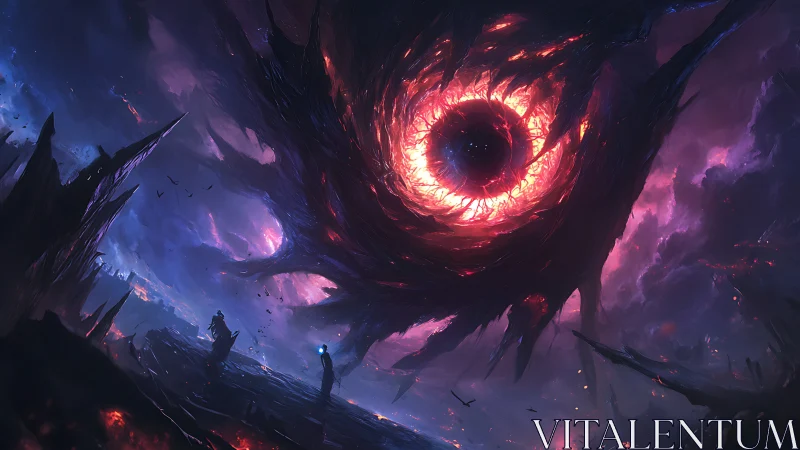 Vast vortex structure over figures in fractured terrain.