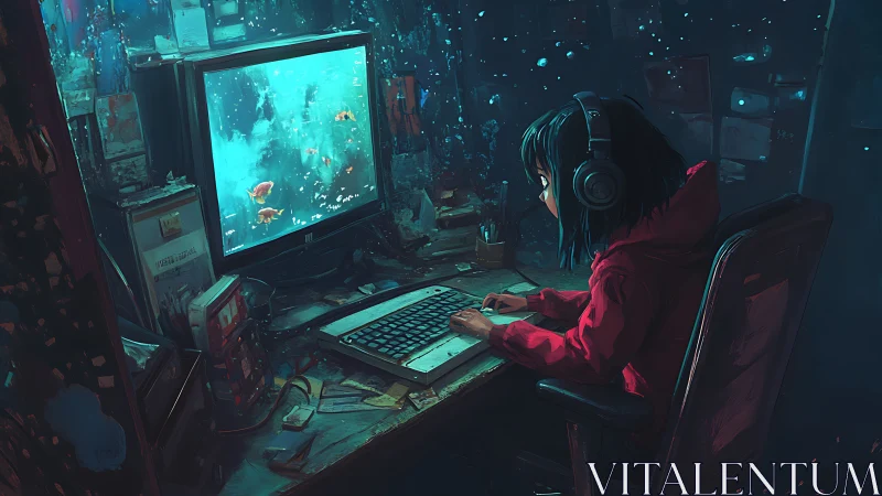 Solitary gamer in neon-lit room monitors virtual aquatic display