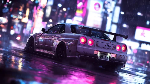 Neon city rain welcomes a sleek night racer to the streets