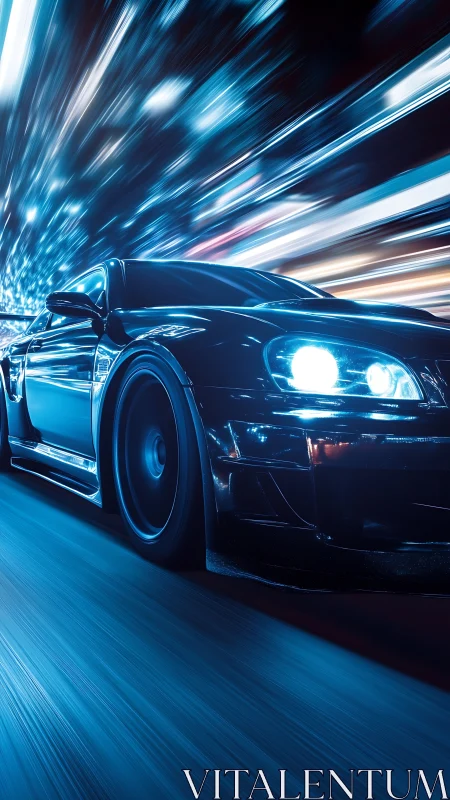 Low-angle cyberpunk sports car in high-speed blue light tunnel
