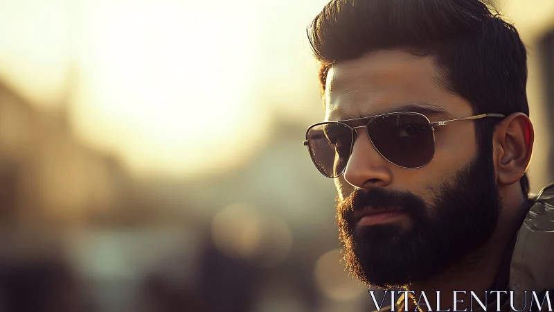 Bearded man in aviator sunglasses under warm sunset glow.
