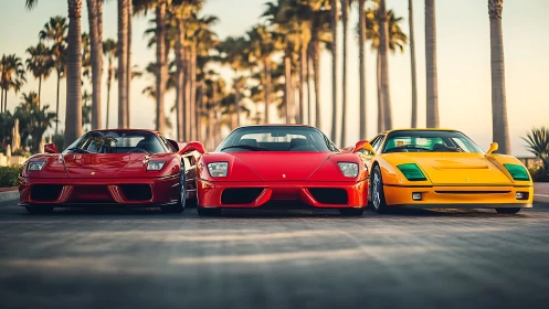 Three low-slung sports cars stand aligned on palm-lined road