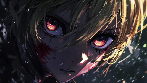 Bloodlit gaze of the stormborn warrior in shadowed rain.