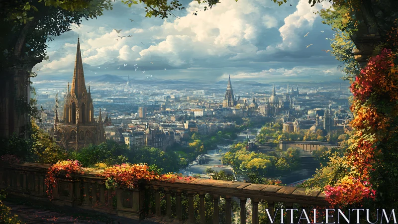 Verdant terrace quietly crowns a sunlit storybook cityscape