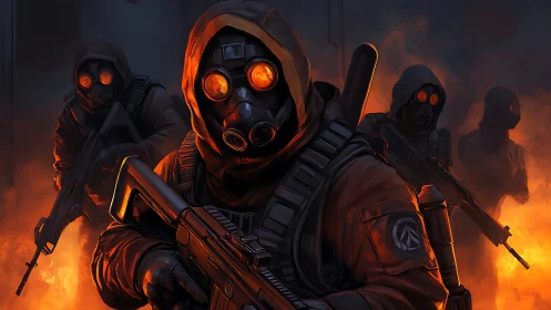 Gas-masked soldiers advance through burning orange smoke