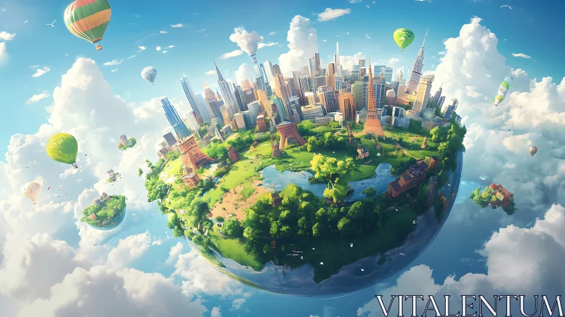 Floating city world drifts gently among bright summer clouds