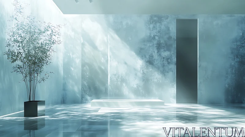 Sunlit minimal shrine where waterlight and shadows whisper.