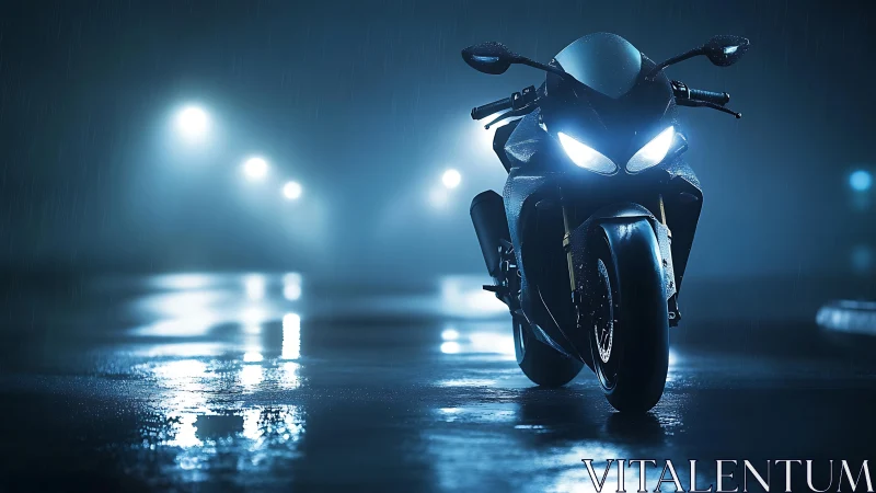 Midnight sport bike waiting in the glow of rainy city lights.