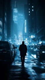 Solitary figure walking through blue neon city street.