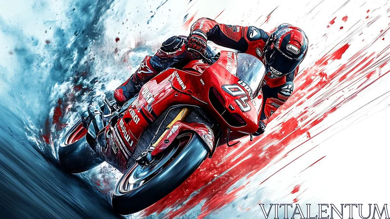Red racing motorcycle carving through speed and color.