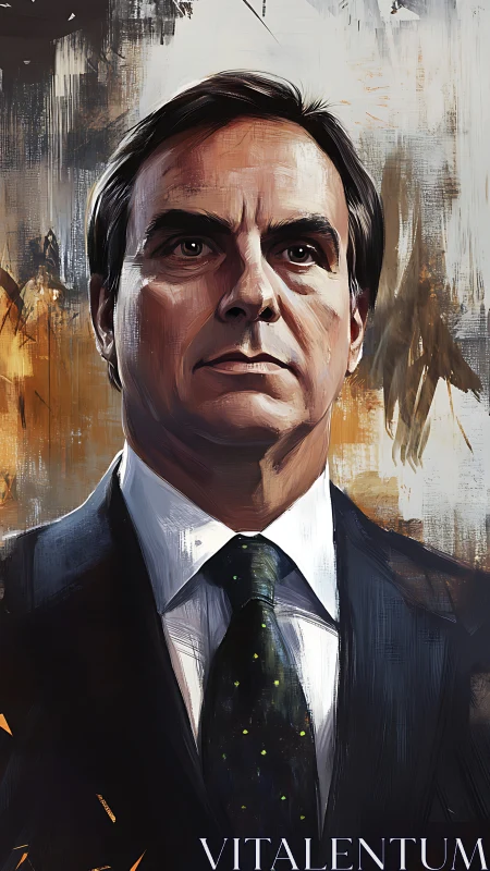 Formal male portrait in suit against abstract backdrop.