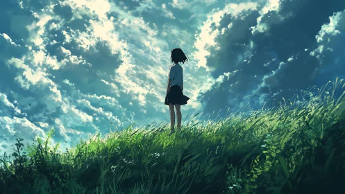 Girl on a sunlit hill under a wide, dream-bright sky.