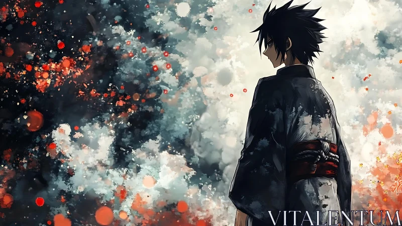 Solitary anime warrior before storm of burning embers.