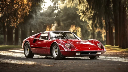 Classic red sports car rests gracefully on a sunlit forest road